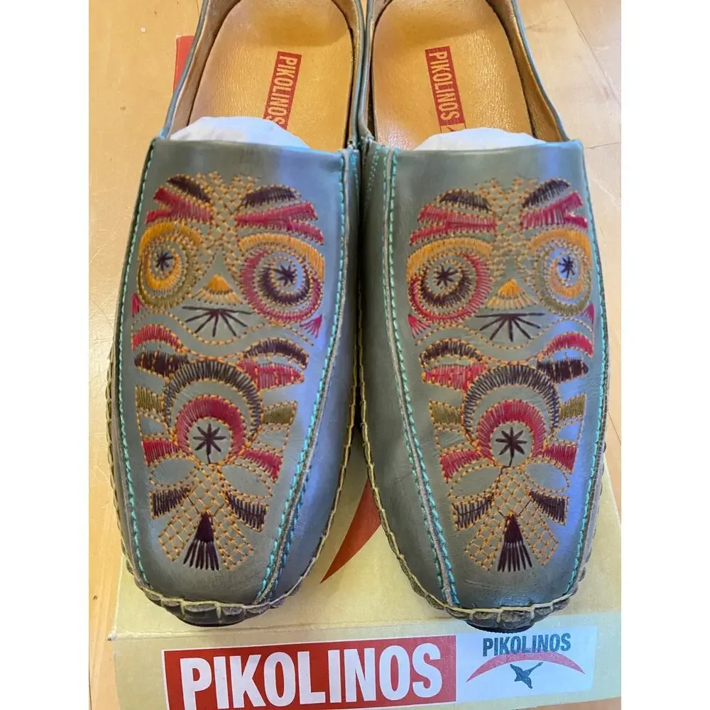 PIKOLINOS Embroidered Leather Mules Mar Sage Green Moccasin Loafers Women 42 NIB